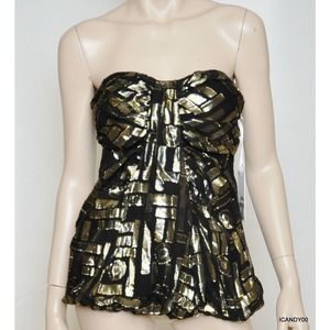 2b. RYCH Silk Chiffon Metallic-Jacquard Dress Party Top Black/Gold 4/6/10 $248